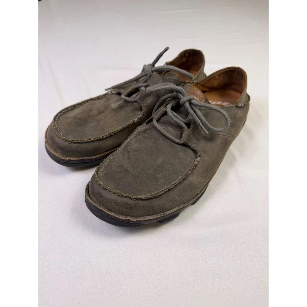 Olukai Ohana Lace Up‎ Nubuck Leather Moc Toe Shoes Mens 9 Grey Brown 10171-4T63